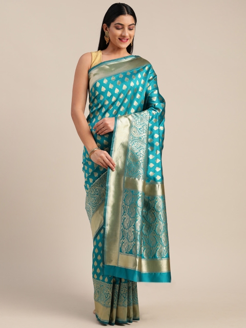 

Mitera Green & Gold-Toned Silk Cotton Woven Design Banarasi Saree