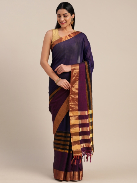 

Mitera Navy Blue & Violet Cotton Blend Striped Saree