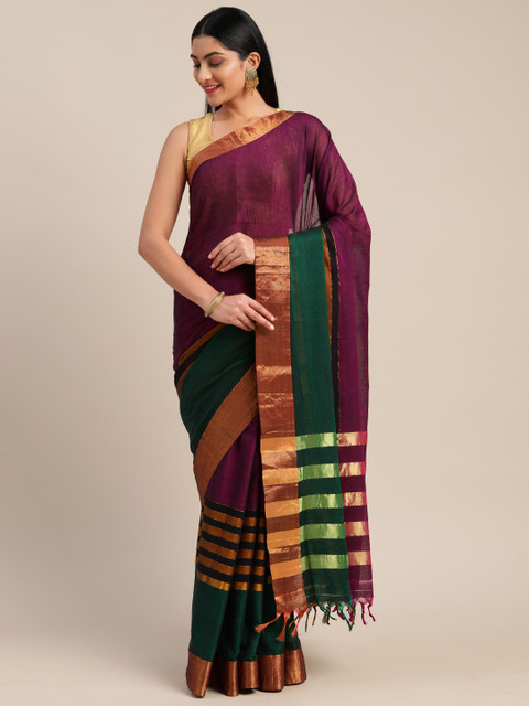

Mitera Magenta & Gold-Toned Cotton Blend Solid Banarasi Saree