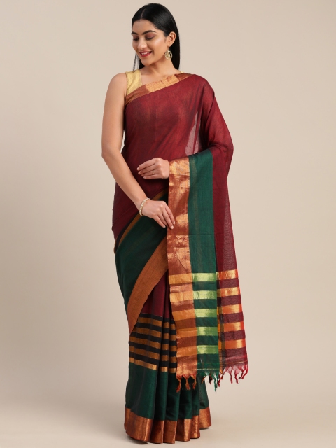 

Mitera Maroon & Green Cotton Blend Striped Saree