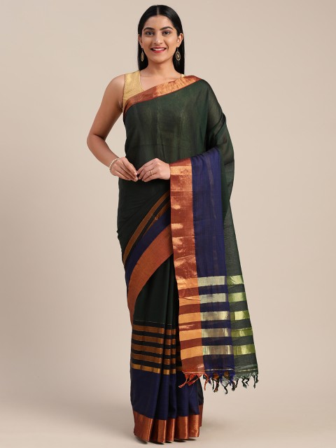 

Mitera Green & Navy Blue Cotton Blend Striped Saree