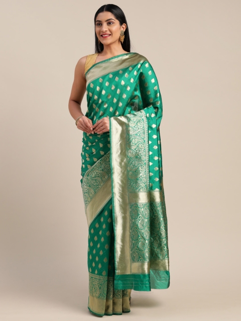 

Mitera Green & Gold-Toned Silk Cotton Woven Design Banarasi Saree