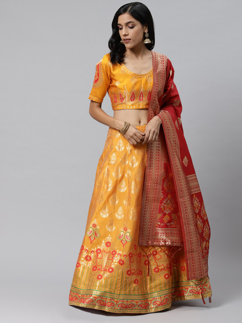 

Readiprint Fashions Mustard & Red Woven Design Semi-Stitched Lehenga & Unstitched Blouse with Dupatta
