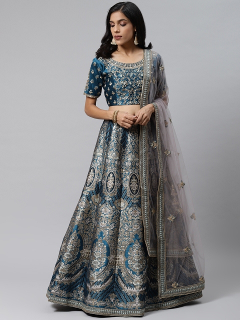 

Readiprint Fashions Teal & Gold-Toned Embroidered Semi-Stitched Lehenga & Unstitched Blouse with Dupatta