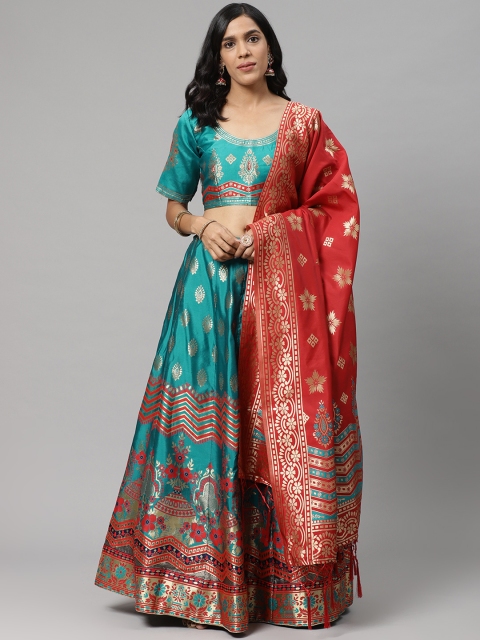 

Readiprint Fashions Turquoise Blue & Red Woven Design Semi-Stitched Lehenga & Unstitched Blouse with Dupatta
