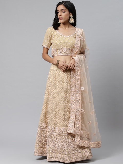 

Readiprint Fashions Gold-Toned & Peach-Coloured Embroidered Semi-Stitched Lehenga & Unstitched Blouse with Dupatta