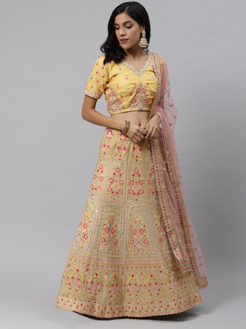 

Readiprint Fashions Yellow & Pink Embroidered Semi-Stitched Lehenga & Unstitched Blouse with Dupatta
