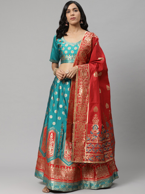 

Readiprint Fashions Turquoise Blue & Red Woven Design Semi-Stitched Lehenga & Unstitched Blouse with Dupatta