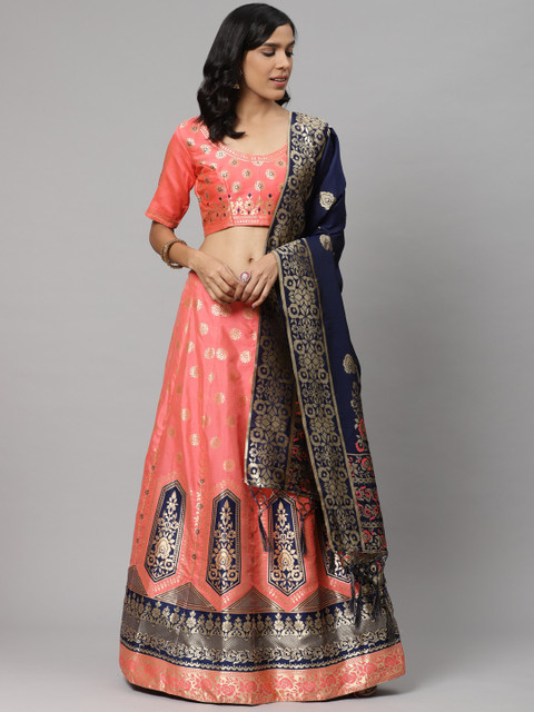 

Readiprint Fashions Pink & Navy Blue Woven Design Semi-Stitched Lehenga & Unstitched Blouse with Dupatta