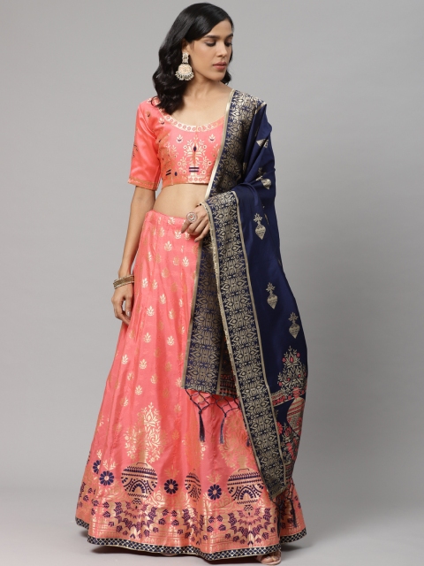 

Readiprint Fashions Pink & Navy Blue Woven Design Semi-Stitched Lehenga & Unstitched Blouse with Dupatta