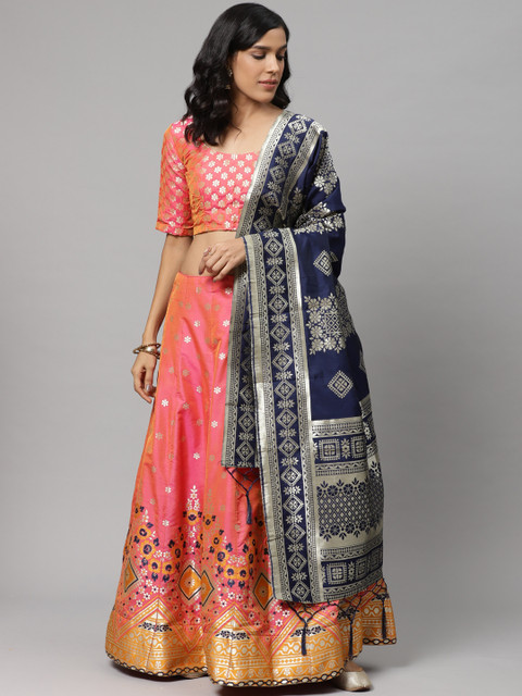 

Readiprint Fashions Pink & Navy Blue Woven Design Semi-Stitched Lehenga & Unstitched Blouse with Dupatta