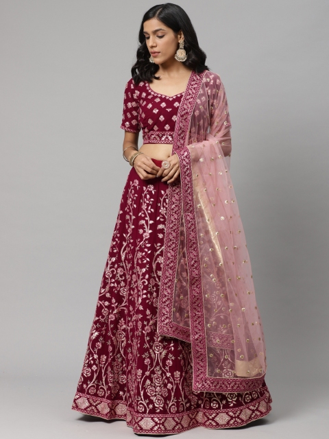 

Readiprint Fashions Maroon & Gold-Toned Embroidered Semi-Stitched Lehenga & Unstitched Blouse with Dupatta