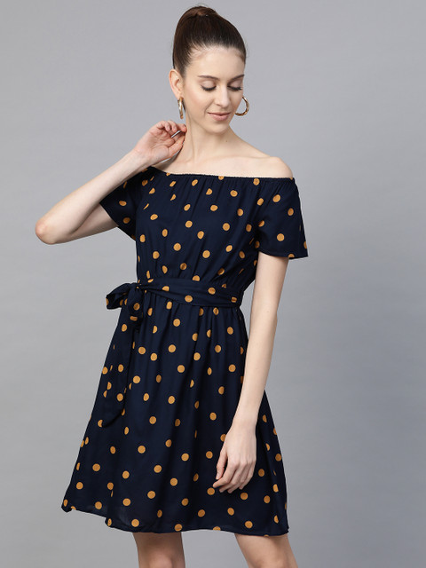 

ATRAENTA Women Navy Blue & Mustard Yellow Off-Shoulder Polka Dot Print A-Line Dress