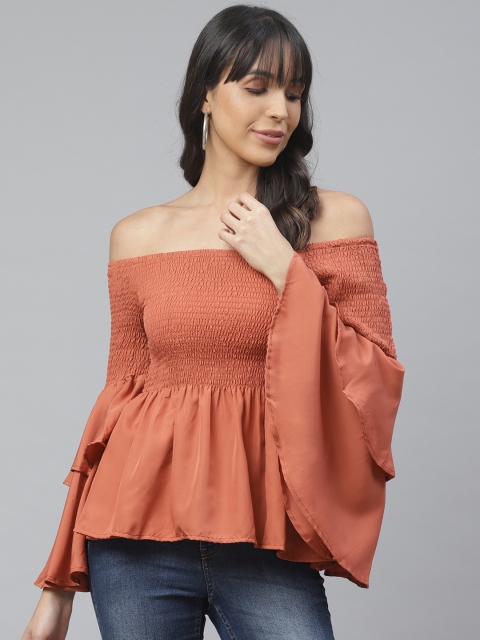 

ATRAENTA Women Rust Orange Solid Smocked Bardot Top