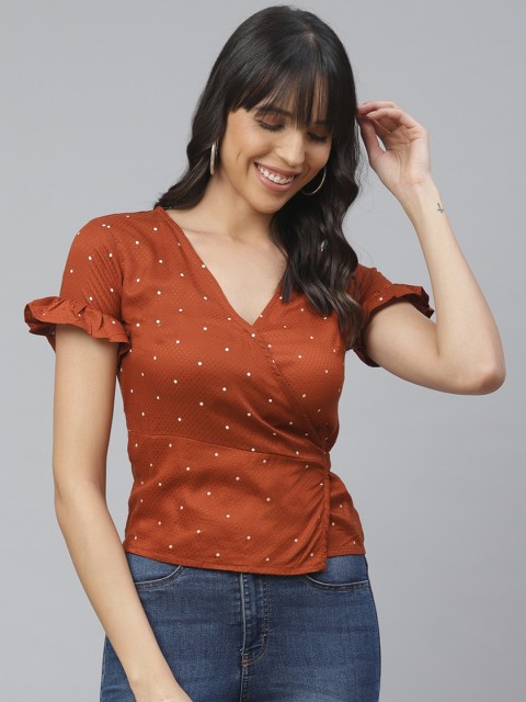 

ATRAENTA Women Rust Brown Polka Printed Wrap Top
