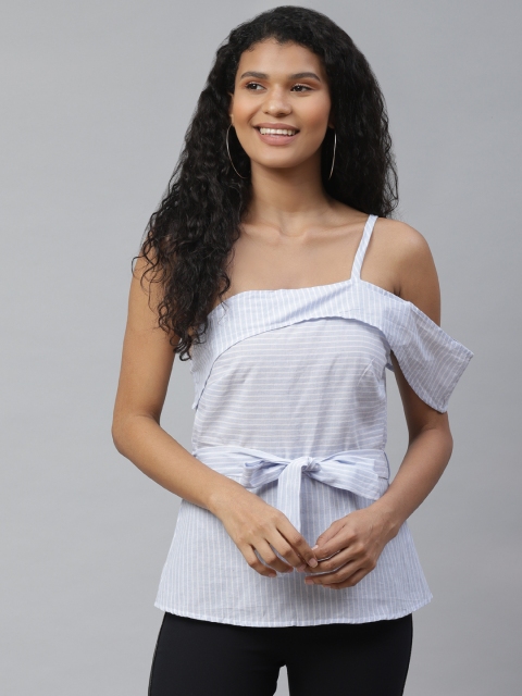 

ATRAENTA Women Blue & White One-Shoulder Striped Cinched Waist Top