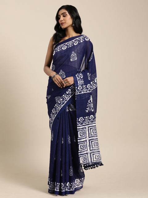 

Rajnandini Navy Blue & White Linen Blend Printed Dabu Saree