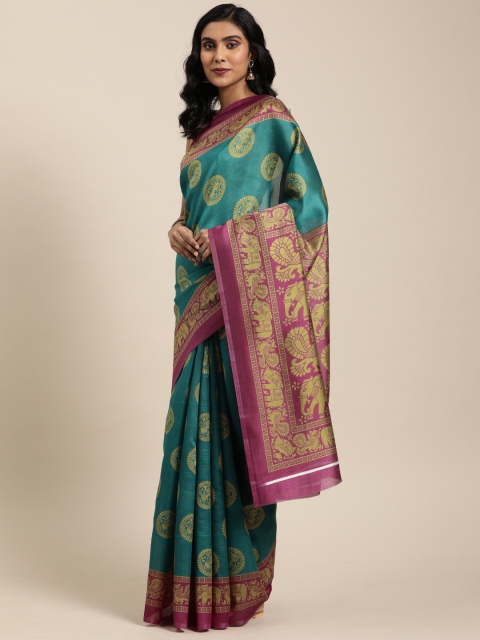 

Rajnandini Teal Green & Yellow Art Silk Printed Saree