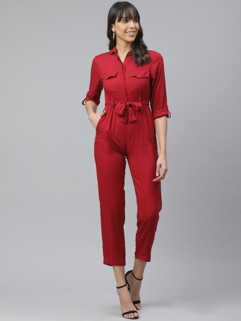 

ATRAENTA Women Maroon Solid Cropped Basic Jumpsuit, Red