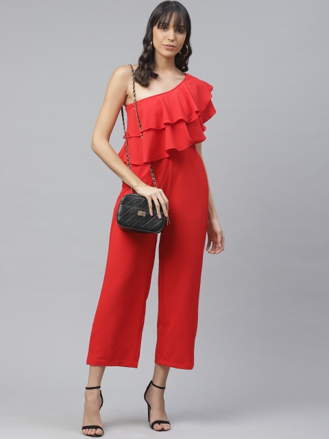 

ATRAENTA Women Red Solid One-Shouldered Ruffled Basic Jumpsuit