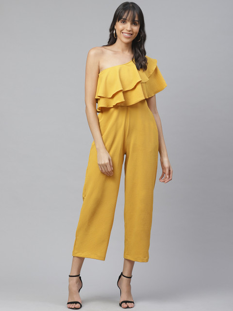 

ATRAENTA Women Mustard Yellow Solid One-Shouldered Ruffled Basic Jumpsuit