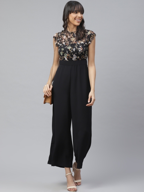 

ATRAENTA Women Black & Olive Green Floral Print Net Basic Jumpsuit
