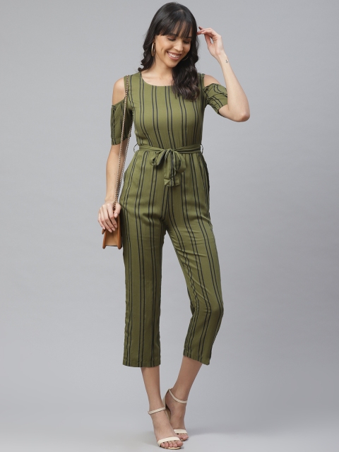 

ATRAENTA Women Olive Green & Navy Blue Striped Cold-Shoulder Capri Jumpsuit with Belt