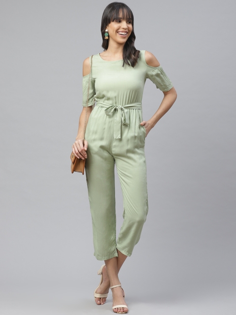 

ATRAENTA Women Mint Green Solid Cold-Shoulder Capri Jumpsuit with Belt