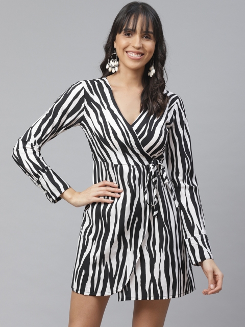 

ATRAENTA Women White & Black Zebra Print Wrap Dress