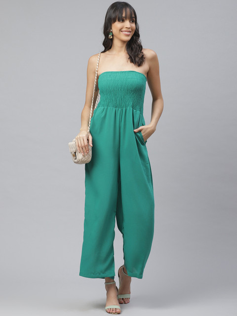 

ATRAENTA Women Green Solid Off-Shoulder Smocked Basic Jumpsuit