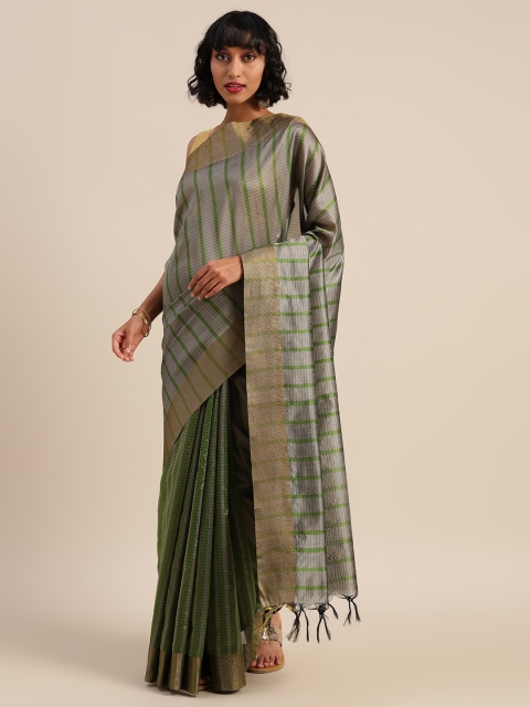 

Rajnandini Grey & Green Cotton Blend Striped Saree