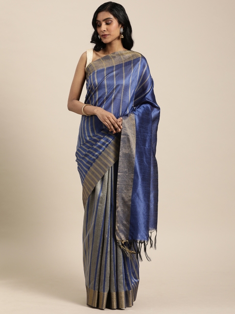 

Rajnandini Blue & Grey Cotton Blend Striped Leheriya Saree
