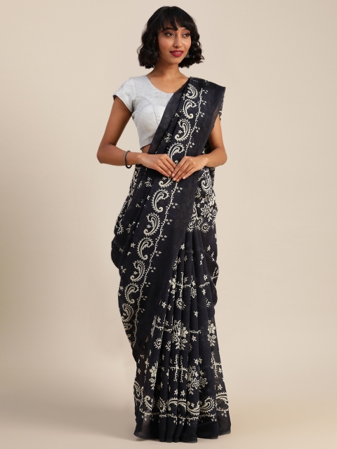 

Rajnandini Navy Blue & White Silk Blend Printed Dabu Saree