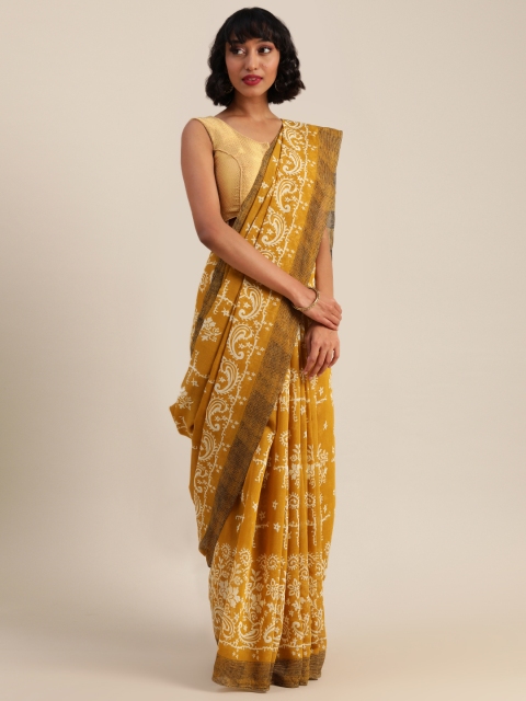 

Rajnandini Mustard Yellow & White Silk Blend Printed Dabu Saree