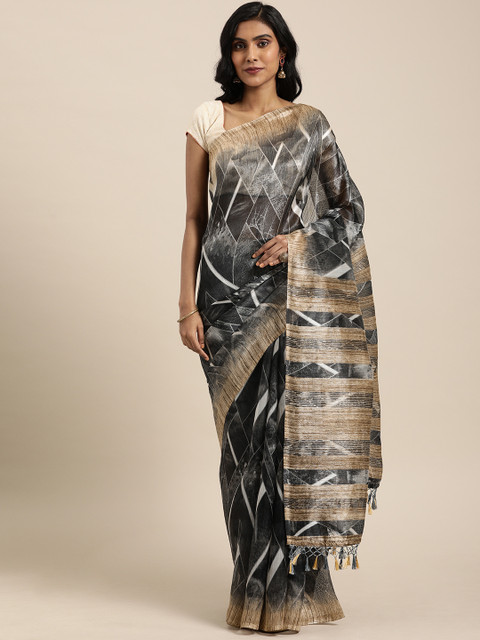

Rajnandini Charcoal & Beige Cotton Blend Geometric Printed Saree