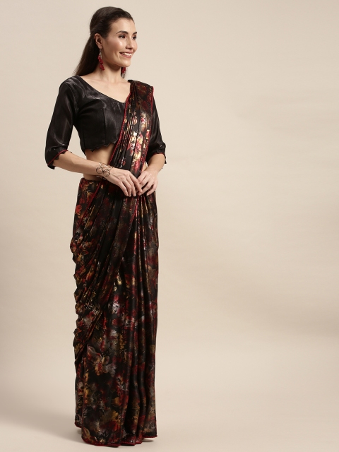 

Amrutam Fab Black & Maroon Silk Blend Printed Block Print Saree