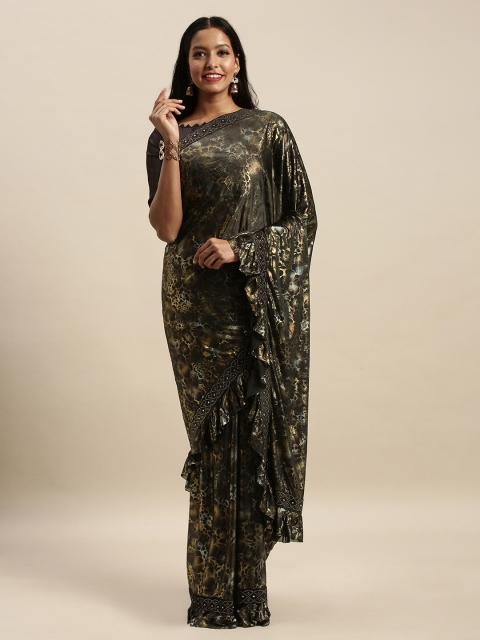 

Amrutam Fab Brown & Beige Silk Blend Printed Ruffled Saree