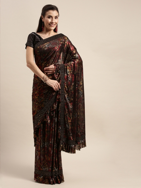 

Amrutam Fab Maroon & Black Silk Blend Printed Block Print Saree