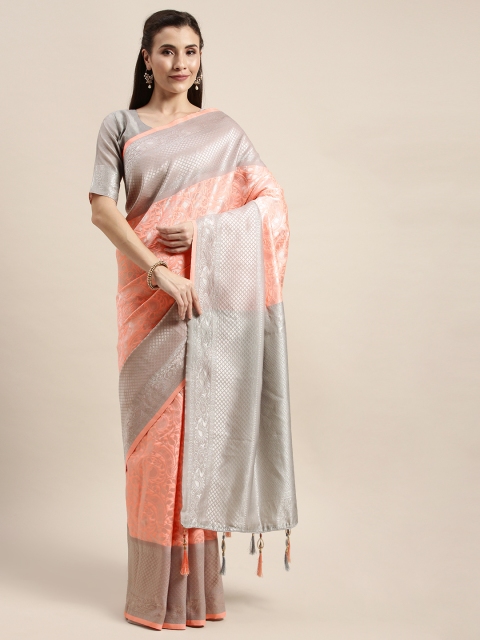 

Amrutam Fab Peach-Coloured & Silver-Toned Silk Blend Woven Design Banarasi Saree