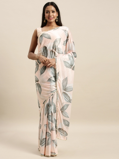 

Amrutam Fab Peach-Coloured & Olive Green Silk Blend Printed Block Print Saree