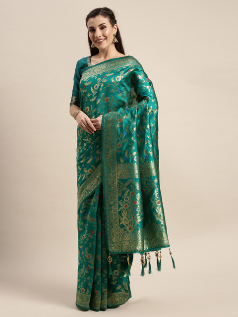 

Amrutam Fab Green & Gold-Toned Silk Blend Woven Design Banarasi Saree