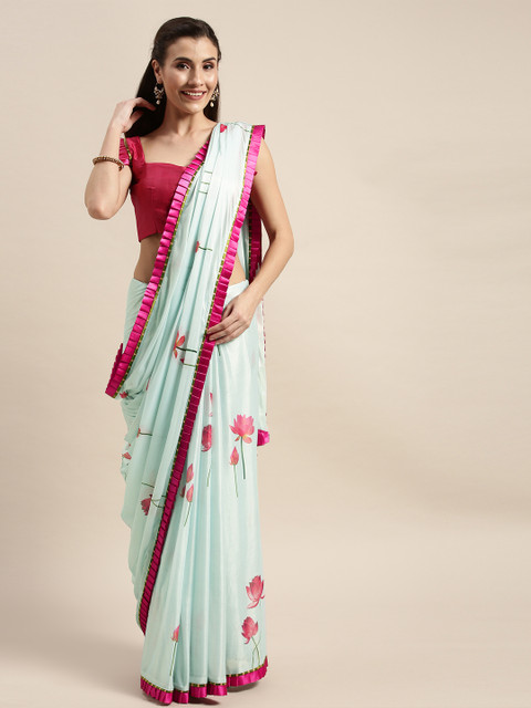 

Amrutam Fab Sea Green Silk Blend Printed Block Print Saree
