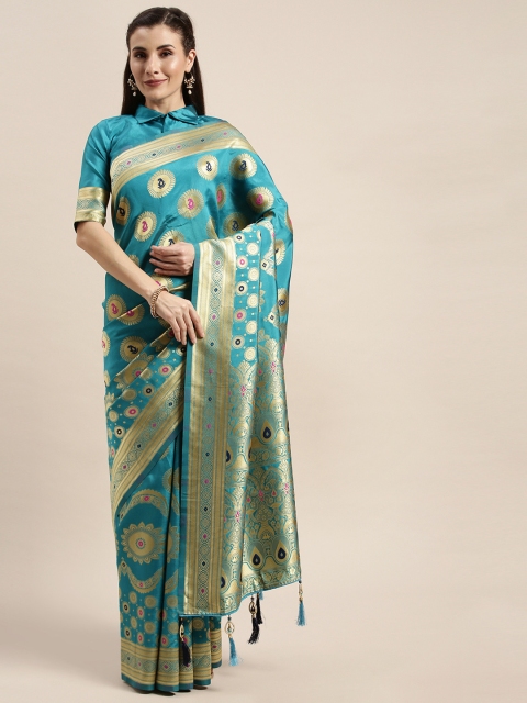 

Amrutam Fab Blue & Gold-Toned Silk Blend Woven Design Banarasi Saree