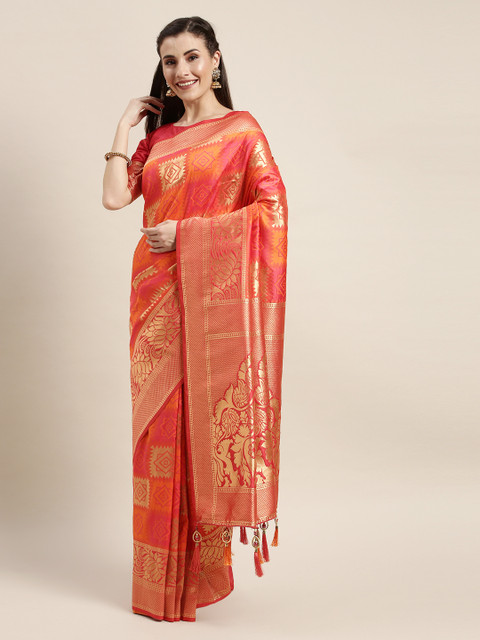 

Amrutam Fab Orange & Gold-Toned Silk Blend Woven Design Banarasi Saree