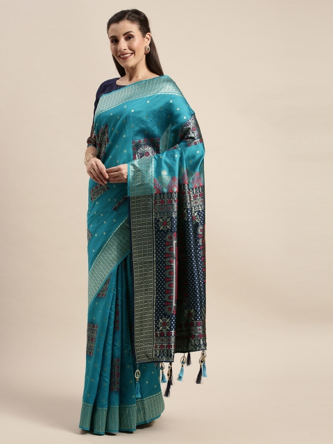 

Amrutam Fab Teal Blue & Silver-Toned Silk Blend Woven Design Banarasi Saree