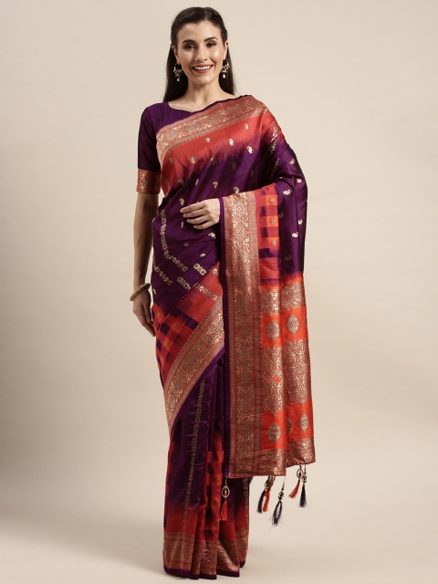 

Amrutam Fab Purple & Rust Orange Silk Blend Woven Design Banarasi Saree