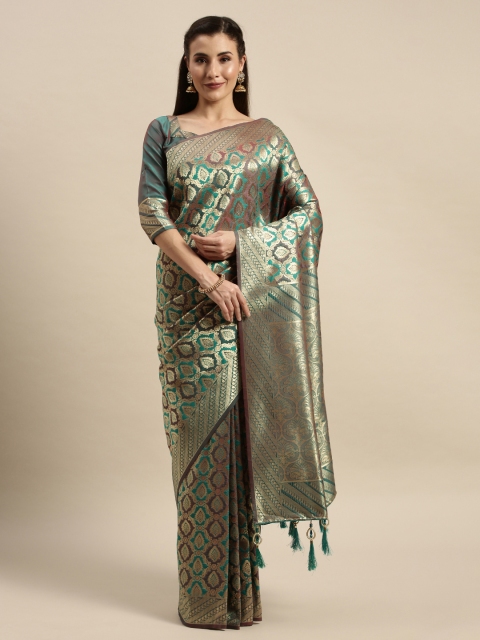 

Amrutam Fab Green & Gold-Toned Silk Blend Woven Design Banarasi Saree