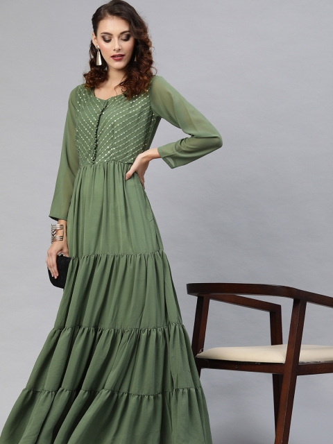 

Inddus Women Green Embroidered Tiered Maxi Dress