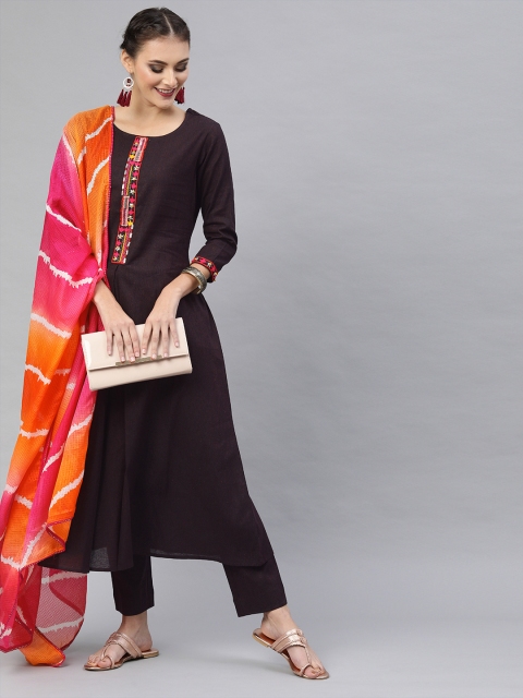 

Inddus Women Burgundy Solid Kurta with Trousers & Dupatta