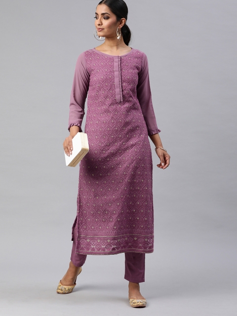 

Inddus Women Purple Embroidered Straight Kurta